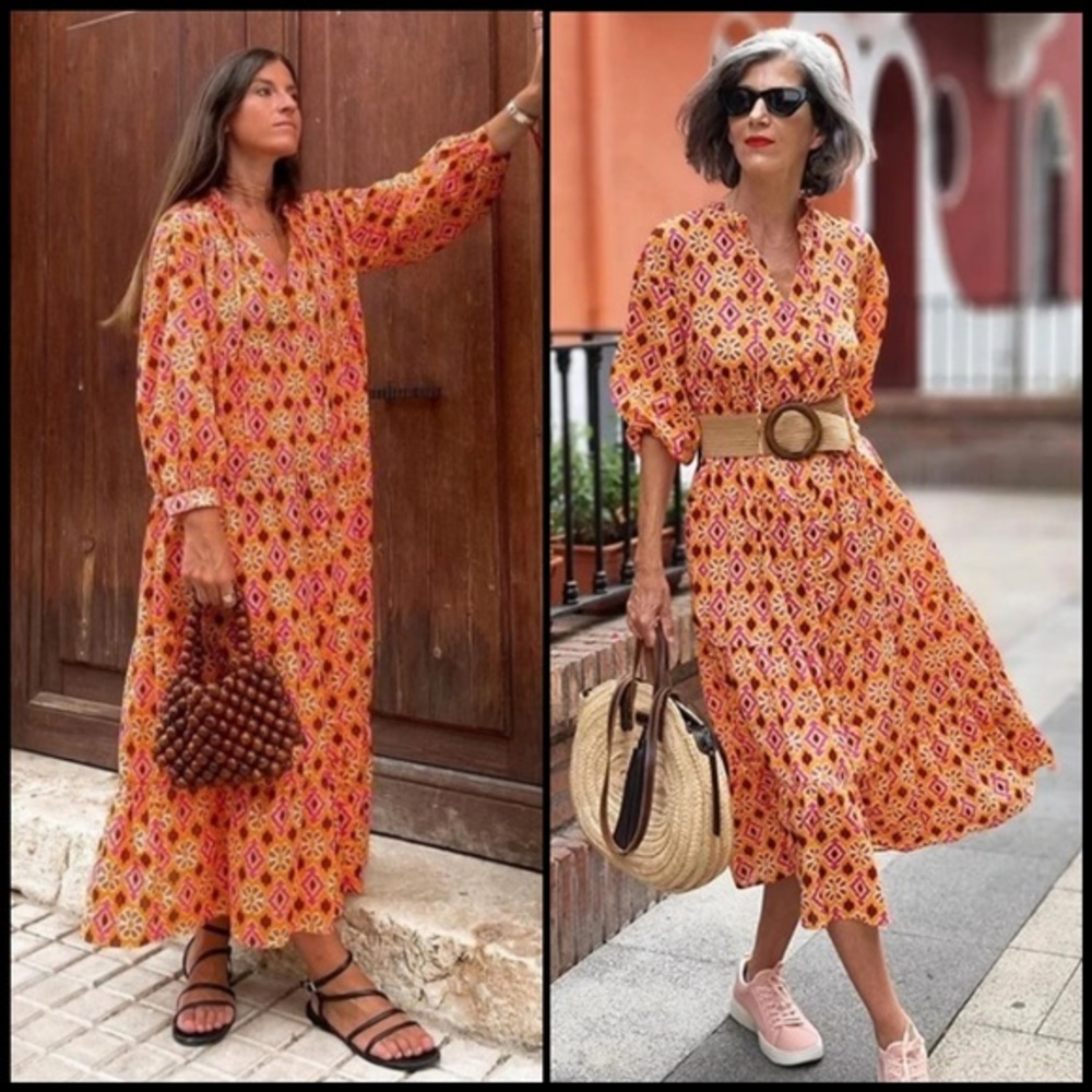 NWOT Zara Selma Printed Cotton Button Front Tiered 3/4 Sleeve Midi Dress